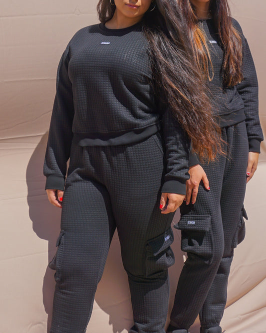 Black Waffle Knit Cargo Set