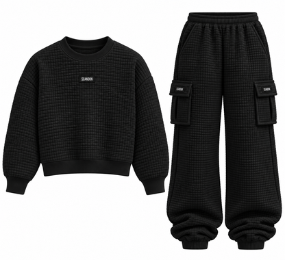 Black Waffle Knit Cargo Set