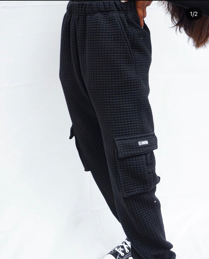Black Waffle Knit Cargo Set